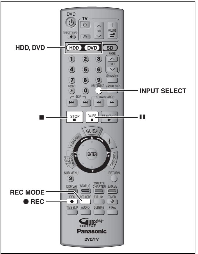 HDD, DVD DVD TV DIRECT TV REC AV CH VOLUME HDD DVD SD PAGE CH ShowView CANCEL INPUT SELECT MANUAL SKIP SKIP SLOW/SEARCH INPUT SELECT STOP PAUSE DI AV/S/12 GUIDE i MENU DIRECT NAVADOR SWOLUMA SUB MENU RETURN DISPLAY STATUS CREATE CHAPTER ERASE REC REC MODE EXT LINK TIMER TIME SLIP AUDIO DUBBING F Rec REC MODE ● REC GEMSTAR Panasonic DVD/TV