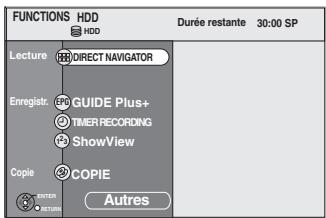 FUNCTIONS HDD HDD Durée restante 30:00 SP Lecture DIRECT NAVIGATOR Enregistr. GUIDE Plus+ TIMER RECORDING ShowView Copie COPIE ENTER RETURN Autres