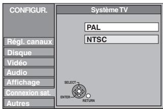 CONFIGUR. Système TV PAL NTSC Régl. canaux Disque Vidéo Audio Affichage Connexion sat. Autres SELECT ENTER RETURN