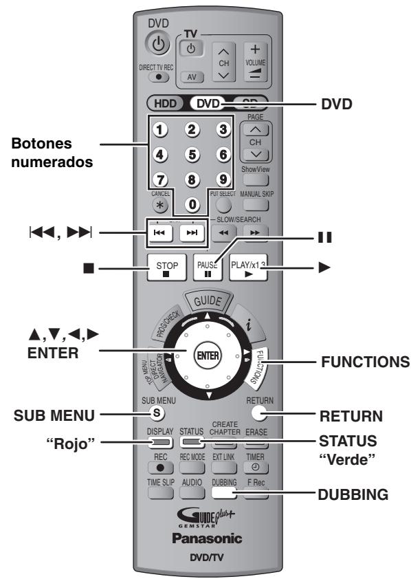 DVD TV DIRECT TV REC AV VOLUME HV DVD HDD DVD Page CH ShowView MANUAL SKIP SLOW/SEARCH STOP PAUSE PLAY/x1 2 DVD Botones numerados ▲,▼,▲,► ENTER FUNCTIONS SUB MENU "Rojo" RETURN STATUS "Verde" DUBBING GUEDE+plus+ Panasonic DVD/TV