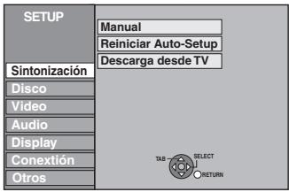SETUP Manual Reiniciar Auto-Setup Descarga desde TV Sintonización Disco Video Audio Display Conextión Otros