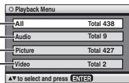 Playback Menu All Total 438 Audio Total 9 Picture Total 427 Video Total 2 ▲▼ to select and press ENTER