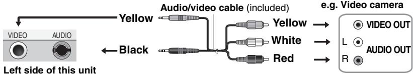 Left side of this unit Yellow Audio/video cable (included) Black e.g. Video camera VIDEO OUT L AUDIO OUT R
