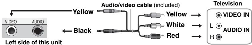 Left side of this unit Yellow Audio/video cable (included) Black Television VIDEO IN L AUDIO IN R