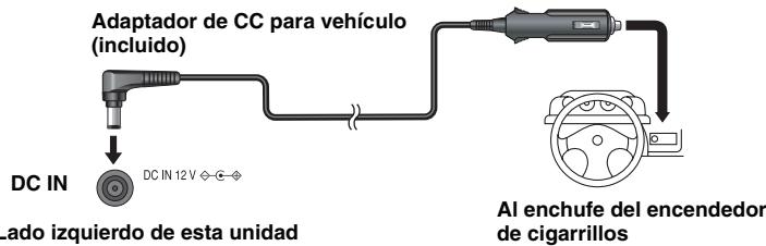 Adaptador de CC para vehículo (incluido) DC IN DC IN 12 V Al enchufe del encendedor de cigarrillos lado izquierdo de esta unidad