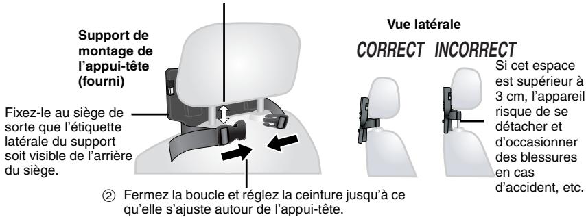 Support de montage de l'appui-tête (fourni) Fixez-le au siège de sorte que l'étiquette latérale du support soit visible de l'arrière du siège. ② Fermez la boucle et réglez la ceinture jusqu'à ce qu'elle s'ajuste autour de l'appui-tête. Vue latérale CORRECT INCORRECT Si cet espace est supérieur à 3 cm, l'appareil risque de se détacher et d'occasionner des blessures en cas d'accident, etc.