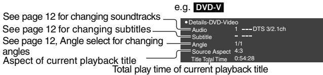 e.g. DVD-V See page 12 for changing soundtracks See page 12 for changing subtitles See page 12, Angle select for changing angles Aspect of current playback title • Details-DVD-Video Audio 1 ---- DTS 3/2.1ch Subtitle ---- Angle 1/1 Source Aspect 4:3 Title Total Time 0:54:28 Total play time of current playback title