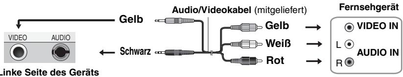 Gelb Audio/Videokabel (mitgeliefert) Schwarz Kinke Seite des Geräts Fernsehgerät VIDEO IN L AUDIO IN Rot R
