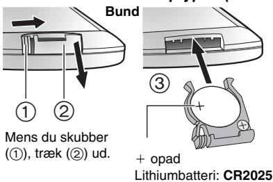 Bund ① ② Mens du skubber (①), træk (②) ud. ③ + opad Lithiumbatteri: CR2025