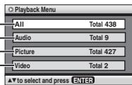 Playback Menu All Total 438 Audio Total 9 Picture Total 427 Video Total 2 ▲▼ to select and press ENTER