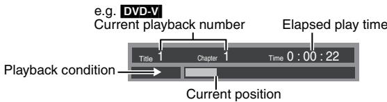 e.g. DVD-V Current playback number Elapsed play time Title 1 Chapter 1 Time 0 : 00 : 22 Playback condition Current position
