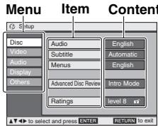 Menu Setup Disc Video Audio Display Others Audio Subtitle Menus Advanced Disc Review Ratings Content English Automatic English Intro Mode level 8 to select and press ENTER RETURN to exit