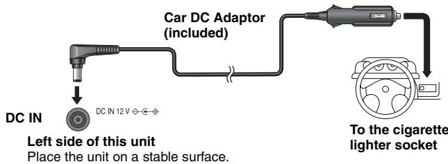 Car DC Adaptor (included) DC IN DC IN 12 V ◇ To the cigarette lighter socket Left side of this unit Place the unit on a stable surface.