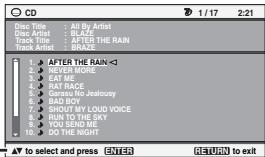 CD Disc Title : All By Artist Disc Artist : DLAZ Track Title : AFTER THE RAIN Track Artist : BRAZE 1. AFTER THE RAIN 2. NEVER MORE 3. CAT ME 4. RAT RACE 5. Sarsu No Jealousy 6. BAD BOY 7. SHOUT MY LOUD VOICE 8. RUN TO THE SKY 9. YOU SEND ME 10. DO THE NIGHT AV to select and press ENTER RETURN to exit