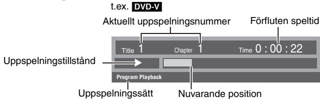 t.ex. DVD-V Aktuellt uppspelningsnummer Förfluten speltid Title 1 Chapter 1 Time 0:00:22 Uppspelningstillstand Program Playback Uppspelningssätt Nuvarande position