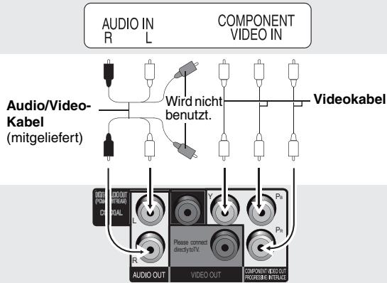 AUDIO IN R L COMPONENT VIDEO IN Audio/Video- Kabel (mitgeliefert) Wird nicht benutzt. Videokabel AUDIO CONTROL R AUDIO OUT Y Pd Please connect directly to TV. Pd AUDIO OUT VIDEO OUT COMPONENT VIDEO OUT PROGRESSIVE INTERFACE
