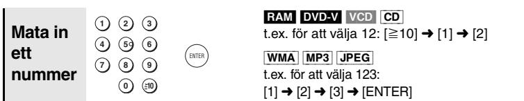Mata in ett nummer ① ② ③ ④ ⑤ ⑥ ⑦ ⑧ ⑨ 0 ⑩ ENTER RAM DVD-V VCD CD t.ex. för att välja 12: [≥10] → [1] → [2] WMA MP3 JPEG t.ex. för att välja 123: [1] → [2] → [3] → [ENTER]