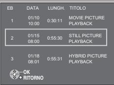 EB DATA LUNGH. TITOLO 1 01/10 0:30:11 MOVIE PICTURE 10:00 PLAYBACK 2 01/15 0:55:30 STILL PICTURE 08:00 PLAYBACK 3 01/18 0:55:31 HYBRID PICTURE 08:01 PLAYBACK OK RITORNO