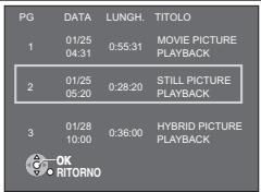 PG DATA LUNGH. TITOLO 1 01/25 04:31 0:55:31 MOVIE PICTURE PLAYBACK 2 01/25 05:20 0:28:20 STILL PICTURE PLAYBACK 3 01/28 10:00 0:36:00 HYBRID PICTURE PLAYBACK OK RITORNO