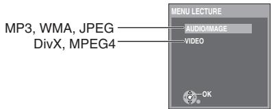MP3, WMA, JPEG DivX, MPEG4 MENU LECTURE AUDIO/IMAGE VIDEO OK
