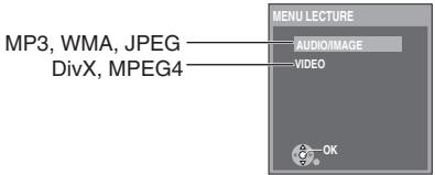 MP3, WMA, JPEG DivX, MPEG4 MENU LECTURE AUDIO/IMAGE VIDEO OK