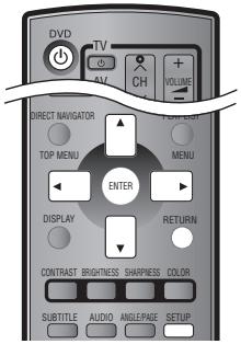 DVD TV CH VOLUME DIRECT NAVIGATOR TOP MENU MENU ENTER DISPLAY RETURN CONTRAST BRIGHTNESS SHARPIESS COLOR SUBTITLE AUDIO ANGLEPAGE SETUP