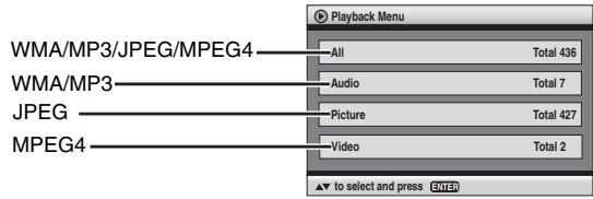 Playback Menu WMA/MP3/JPEG/MPEG4 All Total 436 WMA/MP3 Audio Total 7 JPEG Picture Total 427 MPEG4 Video Total 2 ▼ to select and press ENTER