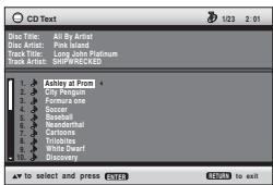 CD Text 123 2:01 Disc Title: All By Artist Disc Artist: Pink Island Track Title: Long John Platinum Track Artist: DHPREECKED 1. Ashley at Rom 2. City Sportswear 3. Fortura one 4. Soccer 5. Baseball 6. Nandemarthal 7. Carbones 8. Triobliss 9. White Dwarf 10. Discovery ✓ to select and press ENTER RETURN to exit
