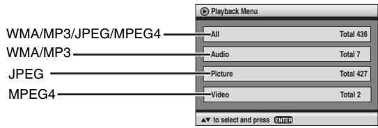 Playback Menu WMA/MP3/JPEG/MPEG4 — All Total 436 WMA/MP3 — Audio Total 7 JPEG — Picture Total 427 MPEG4 — Video Total 2 ▲ to select and press ENTER