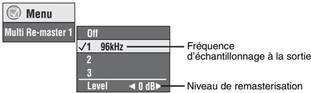 Menu Multi Re-master 1 Off √1 96kHz 2 3 Level <0 dB> Fréquence d'échantillonnage à la sortie Niveau de remasterisation