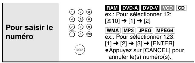Pour saisir le numéro 1 2 3 4 5 6 7 8 9 CANCEL 0 30 ENTER RAM DVD-A DVD-V VCD CD ex.: Pour sélectionner 12: [≥10] → [1] → [2] WMA MP3 JPEG MPEG4 ex.: Pour sélectionner 123: [1] → [2] → [3] → [ENTER] ● Appuyez sur [CANCEL] pour annuler le(s) numéro(s).