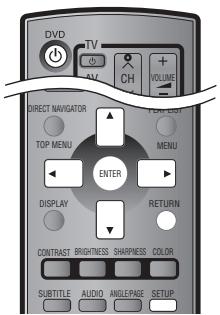 DVD TV CH VOLUME DIRECT NAVIGATOR TOP MENU ENTER MENU DISPLAY RETURN CONTRAST BRIGHTNESS SHARPIESS COLOR SUBTITLE AUDIO ANGLEPAGE SETUP