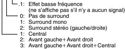 .1: Effet basse fréquence (ne s'affiche pas s'il n'y a aucun signal) 0: Pas de surround 1: Surround mono 2: Surround stéréo (gauche/droite) 1: Central 2: Avant gauche+Avant droit 3: Avant gauche+Avant droit+Central