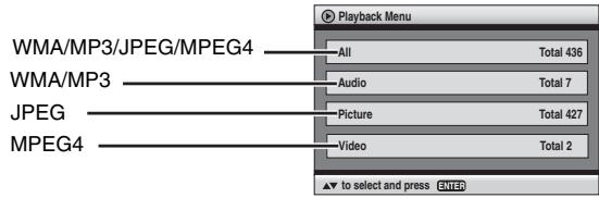Playback Menu WMA/MP3/JPEG/MPEG4 All Total 436 WMA/MP3 Audio Total 7 JPEG Picture Total 427 MPEG4 Video Total 2 ▼ to select and press ENTER