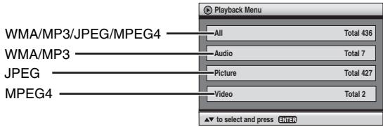 WMA/MP3/JPEG/MPEG4 WMA/MP3 JPEG MPEG4 Playback Menu All Total 436 Audio Total 7 Picture Total 427 Video Total 2 ▼ to select and press ENTER