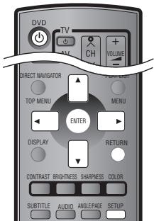 DVD TV CH VOLUME DIRECT NAVIGATOR TOP MENU MENU ENTER DISPLAY RETURN CONTRAST BRIGHTNESS SHARNESS COLOR SUBTITLE AUDIO ANGLEPAGE SETUP