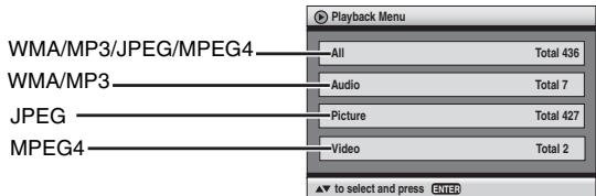 Playback Menu WMA/MP3/JPEG/MPEG4 All Total 436 WMA/MP3 Audio Total 7 JPEG Picture Total 427 MPEG4 Video Total 2 ▲ to select and press ENTER