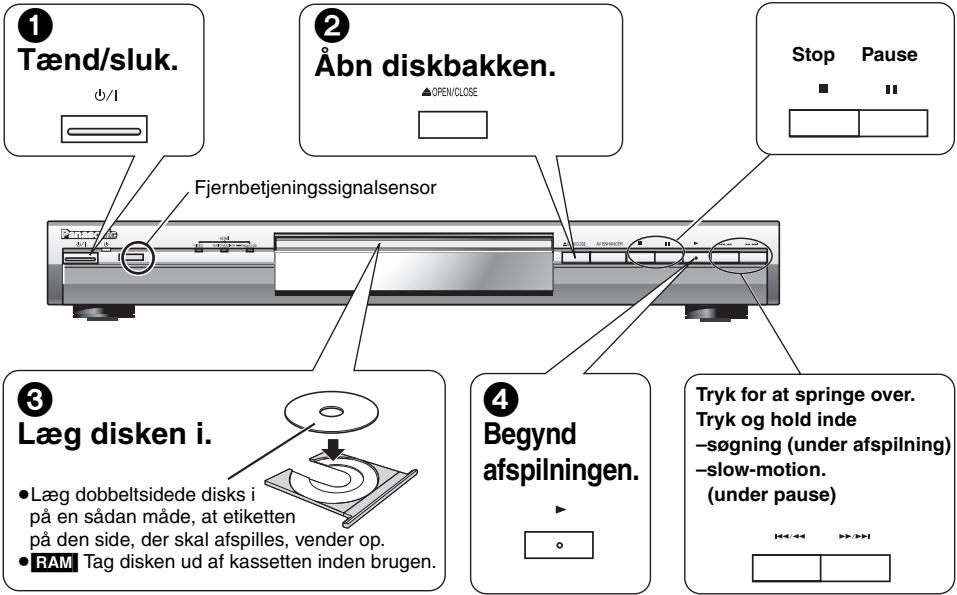 ① Tænd/sluk. #/1 ② Åbn diskbakken. ▲OPEN/CLOSE Stop Pause Fjernbetjeningssignalsensor ③ Læg disken i. • Læg dobbeltsidede disks i på en sådan måde, at etiketten på den side, der skal afspilles, vender op. • RAM Tag disken ud af kassetten inden brugen. ④ Begynd afspilningen. Tryk for at springe over. Tryk og hold inde –søgning (under afspilning) –slow-motion. (under pause)
