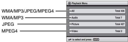 WMA/MP3/JPEG/MPEG4 WMA/MP3 JPEG MPEG4 Playback Menu All Total 436 Audio Total 7 Picture Total 427 Video Total 2 ▼ to select and press ENTER