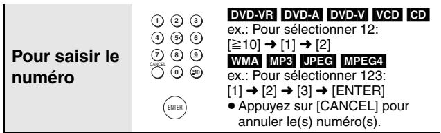 Pour saisir le numéro ① ② ③ ④ ⑤ ⑥ ⑦ ⑧ ⑨ CANCEL 0 ⑩ ENTER DVD-VR DVD-A DVD-V VCD CD ex.: Pour sélectionner 12: [≥10] → [1] → [2] WMA MP3 JPEG MPEG4 ex.: Pour sélectionner 123: [1] → [2] → [3] → [ENTER] ● Appuyez sur [CANCEL] pour annuler le(s) numéro(s).