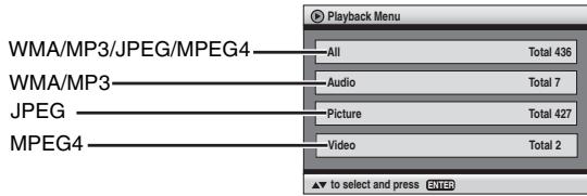 WMA/MP3/JPEG/MPEG4 WMA/MP3 JPEG MPEG4 All Total 436 Audio Total 7 Picture Total 427 Video Total 2 ▲ to select and press ENTER