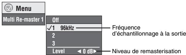 Menu Multi Re-master 1 Off √1 96kHz —— Fréquence d'échantillonnage à la sortie 2 3 Level <0 dB▶ Niveau de remasterisation