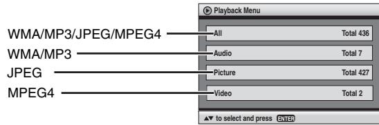 WMA/MP3/JPEG/MPEG4 WMA/MP3 JPEG MPEG4 Playback Menu All Total 436 Audio Total 7 Picture Total 427 Video Total 2 ▼ to select and press ENTER