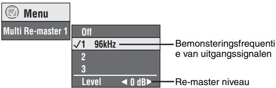 Menu Multi Re-master 1 Off ✓1 96kHz ———— Bemonsteringsfrequentie van uitgangssignalen 2 3 Level ◀ 0 dB▶ Re-master niveau