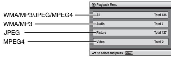 WMA/MP3/JPEG/MPEG4 WMA/MP3 JPEG MPEG4 All Total 436 Audio Total 7 Picture Total 427 Video Total 2 to select and press ENTER