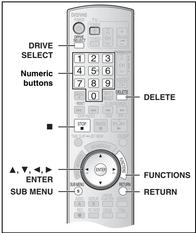 DRIVE SELECT Numeric buttons ▲, ▼, ◀, ► ENTER SUB MENU DVD/VHS POWER TV POWER DRIVE SELECT 1 2 3 4 5° 6 7 8 9 CANCEL 0 INPUT SELECT RESET SLOW/SEARCH SKIP/INDEX REW FF STOP PAUSE PLAY TIME SLIP/←JETREW CM SKIP SCHEDULE FUNCTIONS ENTER RETURN AUDIO DISPLAY CREATE VCR/TV A B CH REC REC MODE STATUS F Rec