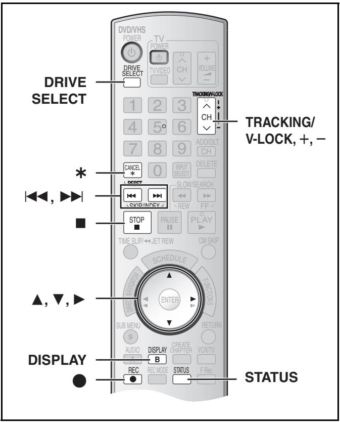 DRIVE SELECT * ▲, ▼, ▶ DISPLAY ● DVD/VHS POWER TV POWER DRIVE SELECT 1 2 3 4 5° 6 7 8 9 CANCEL 0 INPUT SELECT CLOCKING/LOCK CH ADD/DLT CH DELETE SLOW/SEARCH REW FF STOP PAUSE PLAY TIME SLIP/←JETREW CM SKIP SCHEDULE ENTER FUNCTION SUB MENU S RETURN AUDIO DISPLAY CREATE CHAPTER VCR/TV B STATUS F Rec REC REC MODE