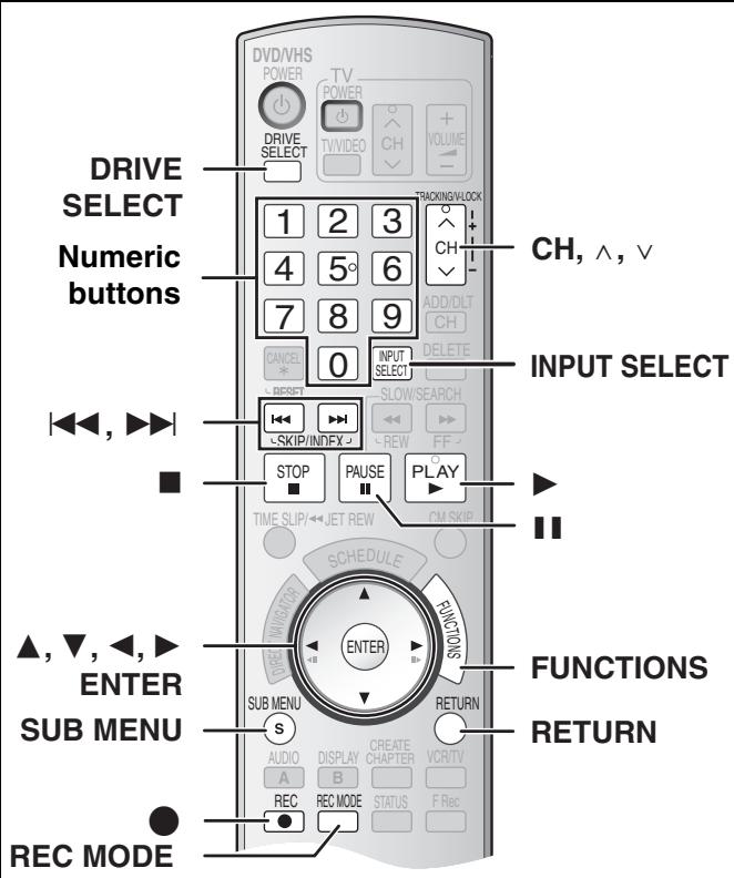 DRIVE SELECT Numeric buttons 1 2 3 4 5 6 7 8 9 0 INPUT SELECT SKIP/INDEX STOP PAUSE PLAY TIME SLIP/JET REW SCHEDULE FUNCTIONS ENTER SUB MENU S AUDIO A REC REC MODE CREATE CHAPTER VCRTV STATUS F Rec RETURN FUNCTIONS RETURN REC MODE CH, ^, v