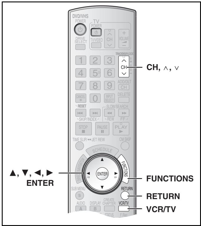 DVD/VHS POWER TV POWER DRIVE SELECT TV/VIDEO CH VOLUME - 1 2 3 THICKING/ALOCK CH, ^, v 4 5° 6 ADD/DLT CH 7 8 9 DELETE CANCEL 0 INPUT SELECT ~RESET ~SLOW/SEARCH ~SKIP/INDEX ~REW FF STOP PAUSE PLAY TIME SLIP/←JET REW CM SKIP SCHEDULE FUNCTIONS ▲, ▼, ←, ► ENTER SUB MENU S AUDIO DISPLAY CREATE VCR/TV A B CH STATUS F Rec