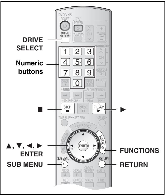DRIVE SELECT Numeric buttons ▲, ▼, ◀, ► ENTER SUB MENU DV/DVHS POWER TV POWER DRIVE SELECT 1 2 3 4 5° 6 7 8 9 0 CANCE * RESET ←SLOW/SEARCH ←REW ←SKIP/INDEX STOP PAUSE ■ PLAY TIME SLIP/←JET REW CM SKIP SCHEDULE FUNCTIONS ENTER SUB MENU S AUDIO A B CREATE CHAPTER VCR/TV REC REC MODE STATUS F Rec RETURN FUNCTIONS RETURN